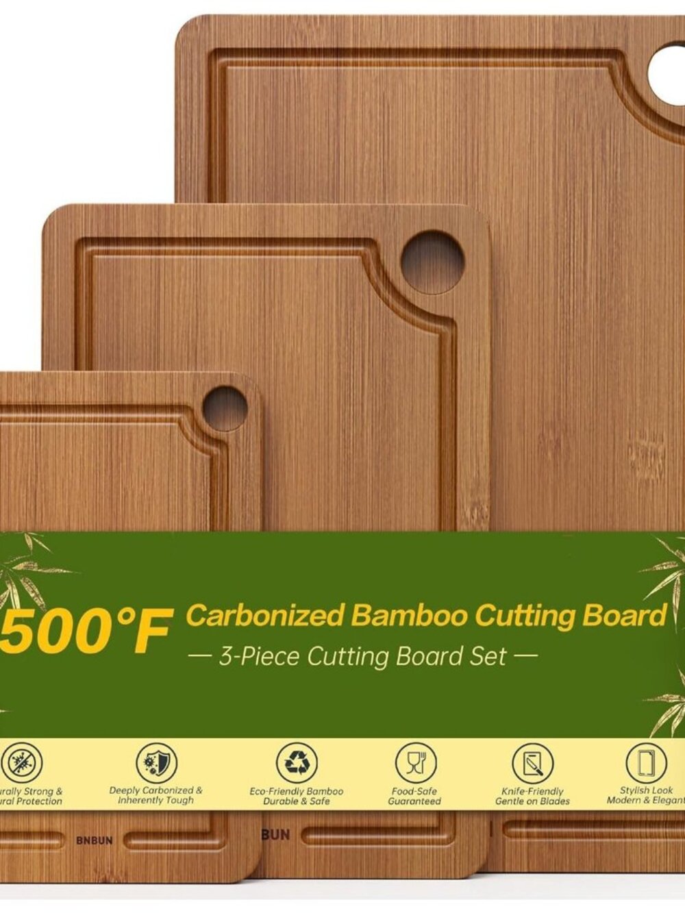 Bamboo Cutting Board for Kitchen, 3-Piece Set with Juice Grooves, Side Handles &